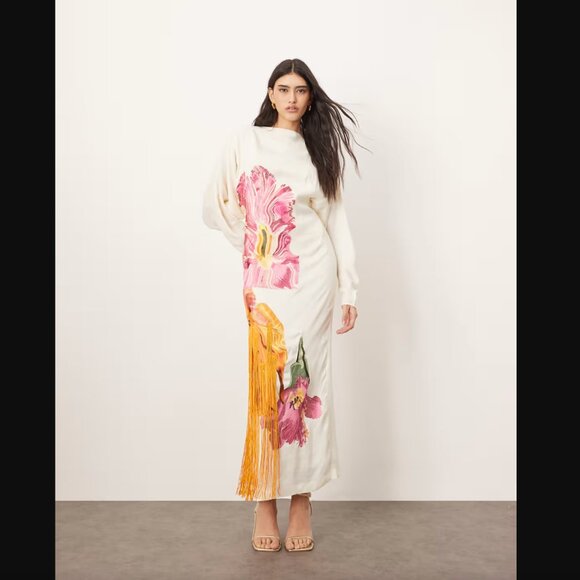 ASOS ARRANGE Embroidered Floral Maxi Dress 4 Long Sleeve Open Back Fringe White - Picture 1 of 9